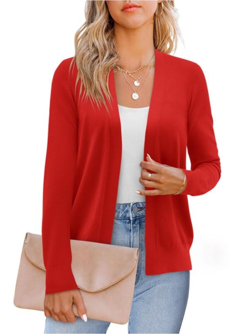 Lightweight Open Front Knit Cardigan Drape Ruffles Long Sleeve